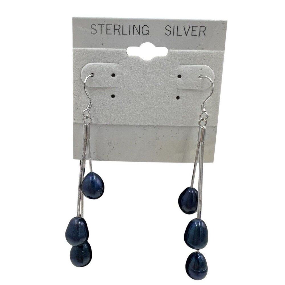 925 Sterling Silver Real Pearl Earrings Dangle Triple Natural Freshwater Navy